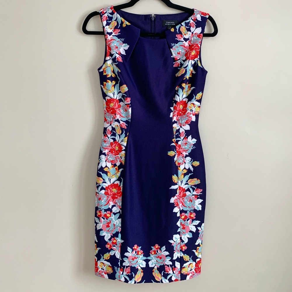 TAHARI by Arthur S. Levine Blue and Floral Shift Midi Dress in Size 2